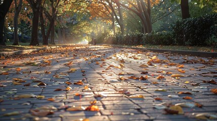 Early morning in suburbia, the light of the rising sun filters through fresh leaves, creating patterns of light and shade on the pristine pavement