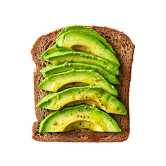 A slice of bread topped with avocado slices isolated on transparent or white background, png