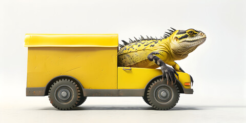 A yellow dinosaur with goggles on his head drives a  yellow car.
