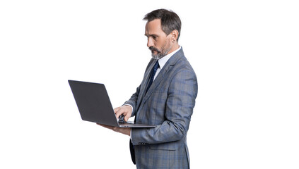 Remote online working. Business blog success. Businessman using laptop isolated on white....