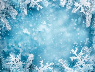 Blue background with various sizes of snowflakes falling gently from the sky, creating a winter wonderland scene. Copy space.