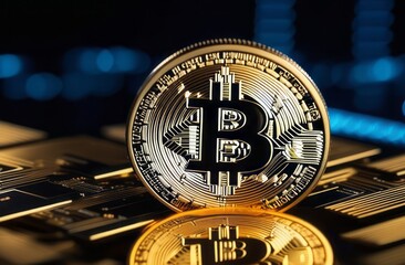 Large bitcoin icon is the center of a bitcoin network. Dark blue background with graphs. Concept of cryptocurrency, Blockchain Technology Integration