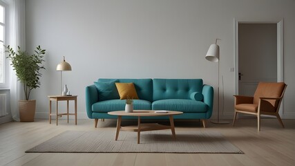 Turquoise sofa in spacious room against blank white wall with copy space. Scandinavian interior design of modern living room, home.