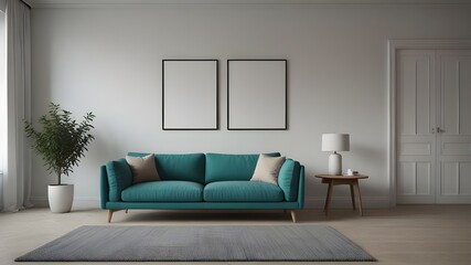 Turquoise sofa in spacious room against blank white wall with copy space. Scandinavian interior design of modern living room, home.