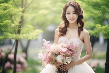 Radiant Asian bride exudes happiness and smiles in her stunning wedding dress. Generative AI