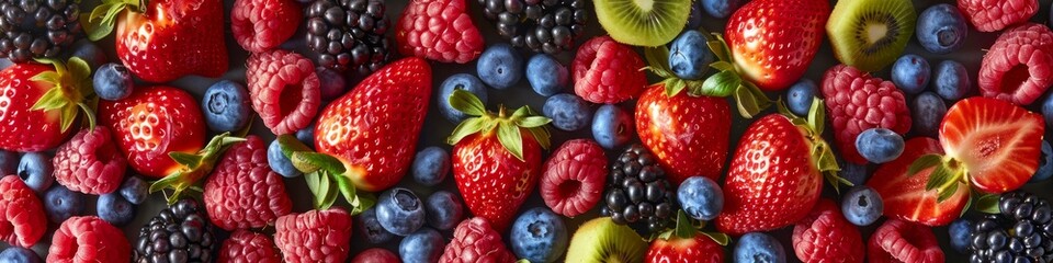 A variety of ripe strawberries, blueberries, and raspberries neatly arranged on a plate, showcasing a colorful mix of summer fruits, banner