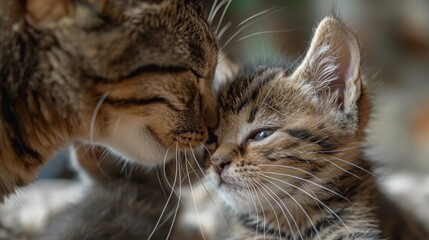 A tender scene of a mother cat grooming her kitten with gentle licks, capturing a moment of maternal care and affection. Motherhood, Mothers Day