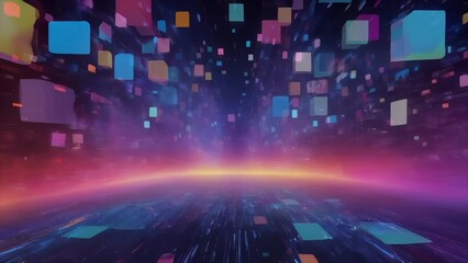  a vibrant digital space with floating geometric shapes and a glowing horizon, creating a futuristic and immersive atmosphere.