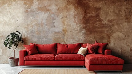 Contemporary Chic: Modular Corner Sofa in Crimson Hue Against Neutral Stucco