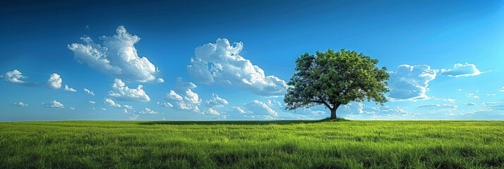 A green field with tree and a blue sky and white clouds, nature background. banner	
