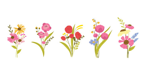 minimal Hand drawn flowers and leaf with sketch line vector in Spring and summer collection