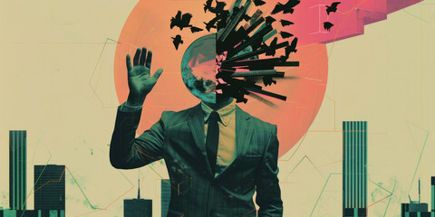 Surreal Businessman with Exploding Head and Birds Against Urban Background