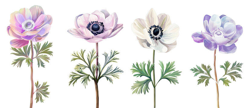 Collection Of Anemone Flower Single Stem Clipart Watercolor Isolated On Transparent Or White Backgroud Png Cutout Clipping Path