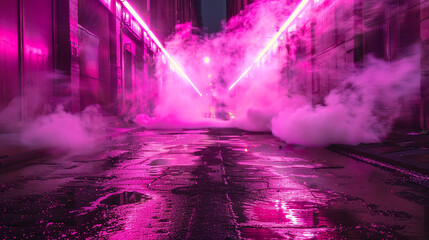 Soft fuchsia neon glow in an empty, dark street, reflections on wet asphalt, smoke-filled. - obrazy, fototapety, plakaty