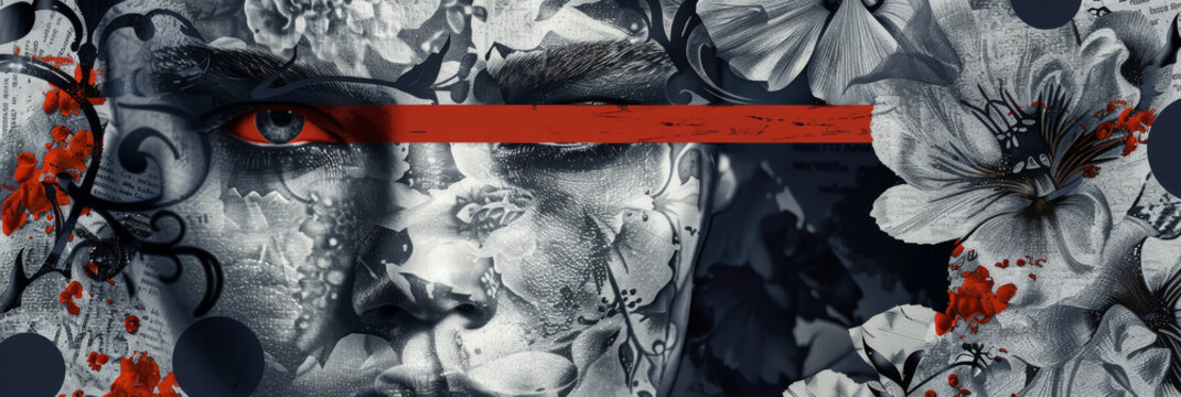 Monochrome Floral Fantasy with Vibrant Red Accent and Mysterious Eye