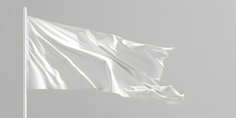 Fluttering blank white flag on flagpole isolated on white background. 
