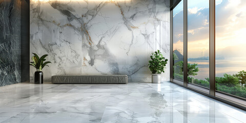 empty room with  white marble wall tiles and white floor tiles,