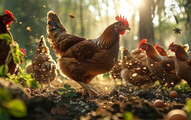 A flock of freerange hens scratching in the dirt and pecking at grains on a sunny farmyard - obrazy, fototapety, plakaty