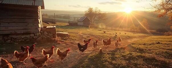 A quaint farm setting at sunset, with chickens returning to their coop and casting long shadows on the ground - Powered by Adobe