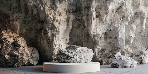 Empty gray stones tower Podium. Stones pedestal display on beige concrete background made from stones flowers mockup for product presentation.
