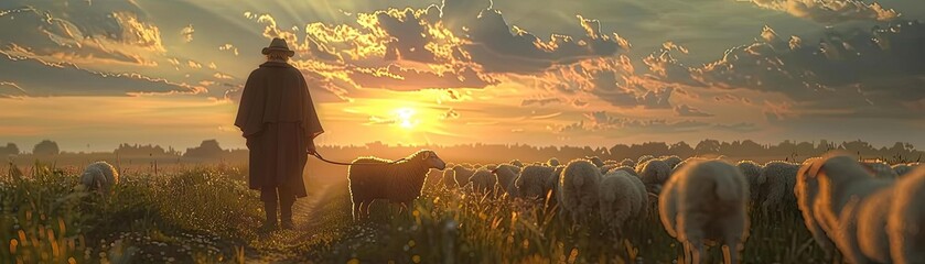 A shepherd with a loyal sheepdog herding a flock of sheep down a country lane at sunset