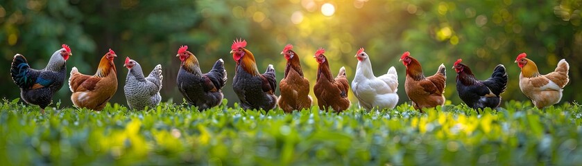 A variety of chicken breeds, including Rhode Island Reds and Leghorns, foraging together in a vibrant green meadow