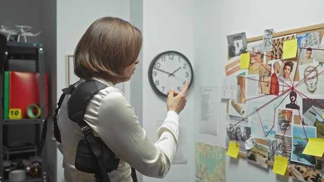 A woman analyzes a cluttered investigation board with photos, notes, and strings in a police station room.