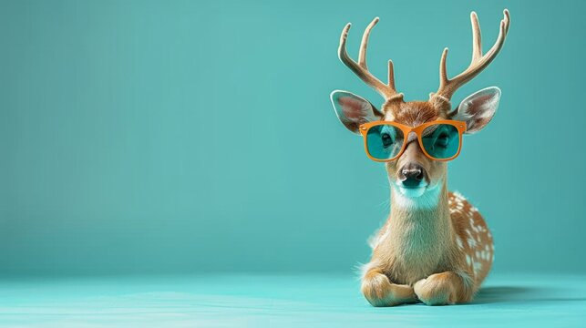 Hipster Xmas Deer, boss-like in suit and shades, sitting regally, pastel teal green setting, a blend of festive and trendy, AI Generative - Powered by Adobe