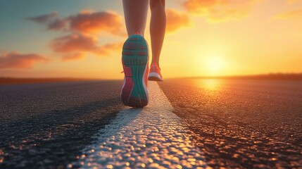 Only the calves of a running woman visible, with the camera positioned low on a long, straight road stretching towards a distant horizon at sunset, AI Generative