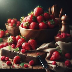 large bowl of ripe red strawberries on the table, dark background