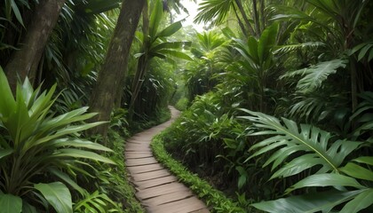 Fototapeta na wymiar A narrow path winding through dense tropical folia upscaled 4