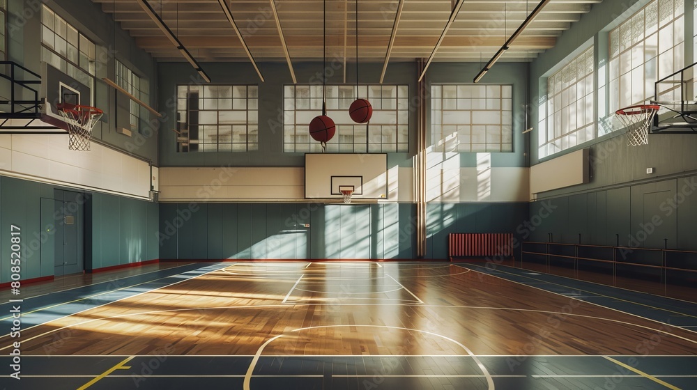 Wall mural empty european school gym class: football, basketball, and handball sports activities