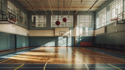 Empty European School Gym Class: Football, Basketball, and Handball Sports Activities