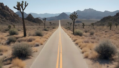 A remote desert road bordered by joshua trees and upscaled 3