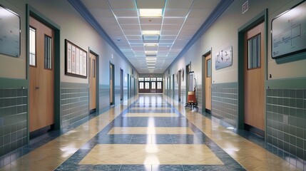 Spacious Empty Hallway in Educational Setting with Simulated Ad, 3D Render