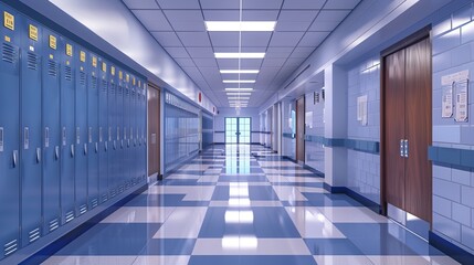 Quiet and Spacious Elementary School Hallway with Lockers and Classroom Doors, Awaiting Students
