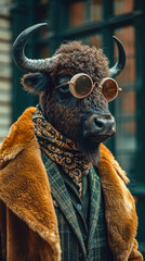Chic buffalo roams city streets with regal flair, donned in tailored elegance that defines street style