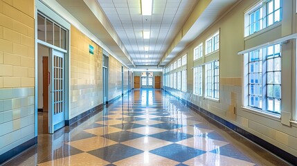 Quiet Empty School Hallway with Lockers and Fluorescent Lighting - Educational Environment Concept