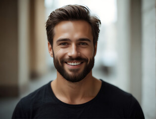 Young handsome man with beard wearing casual sweater and glasses over office background happy face smiling with crossed arms looking at the camera. Positive person.