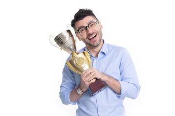 Business success. Businessman celebrate victory on business negotiation isolated on white. Successful businessman man holding champion cup. Business champion success. Great motivation