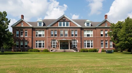 Fototapeta na wymiar American Elementary School Campus: Academic View of Brick Facades, Classroom Entrance, and Green Grass Lawn