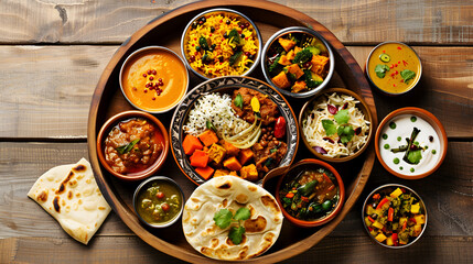 Indian veg thali top view. Assorted Indian vegetarian meze with boiled basmati rice, paneer, dal, chutney in different bowls - Powered by Adobe