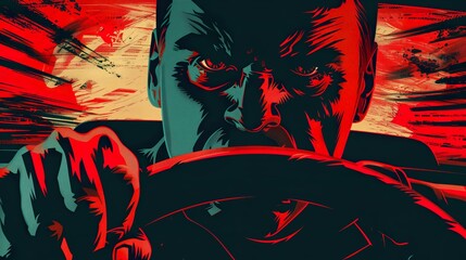 face of angry car driver, silhouette, in style of halftone print