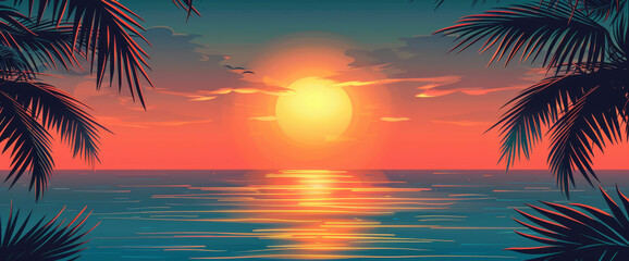 Dramatic ocean sunset framed by palm leaves, sun casting a vibrant red glow across the serene sea surface