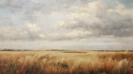 Fototapeta premium Farmhouse style painting of a field with a sky and clouds in the background.