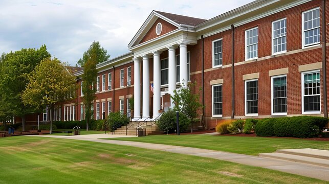 Classic American School Building Exterior - Educational Institution Architecture, Education Concept