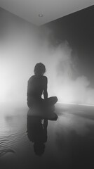 A silhouette shot through foggy bathroom glass, full body image silhouette, montage performance art