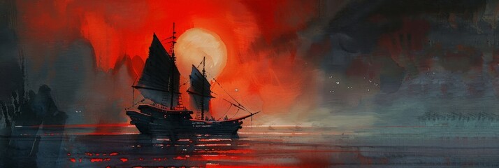A watercolor painting of a junk sailing at sea on a full moon night. Use for wallpaper, posters, postcards, brochures.