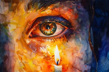 Watercolor painting of eyes with candlelight. Imagination and art. Use for wallpaper, posters, postcards, brochures.