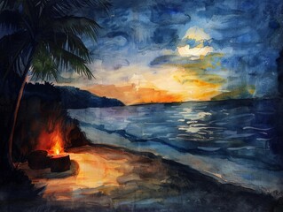 Watercolor painting of playing bonfires on the beach at night. Use for wallpaper, posters, postcards, brochures.